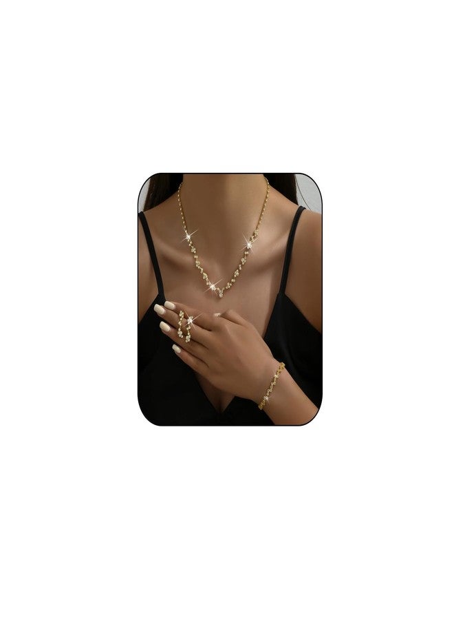 Cicod Prom Earrings Necklace Bracelet Set Elegant Crystal Rhinestone Necklace Earrings Bracelet Bridal Wedding Prom Dresses Costume Outfit Gold Jewelry Sets for Women (Gold) - Image 1